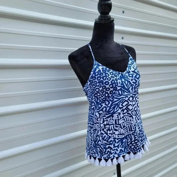 Lilly Pulitzer Nya Tank Blue White Racerback Crochet Lace Stretch Pom Trim XXS - Picture 6 of 13